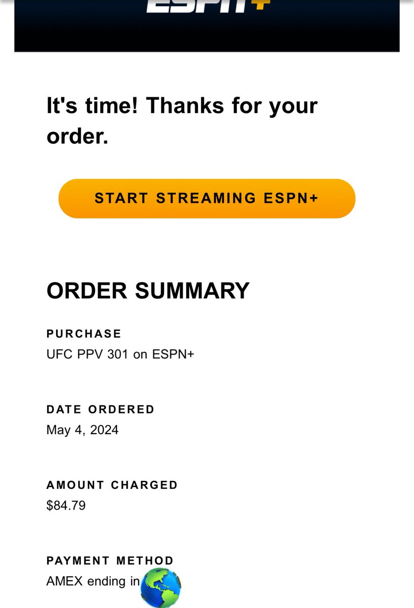 @ppv_com @ESPNPlus UPDATE: Spent an hour on the phone with @ESPNPlusHelp. I still can’t watch UFC 301. 

Verified with my credit card company that was my card was charged. I’m told the problem is being worked on and that I should try again tomorrow to see if it’s been resolved.