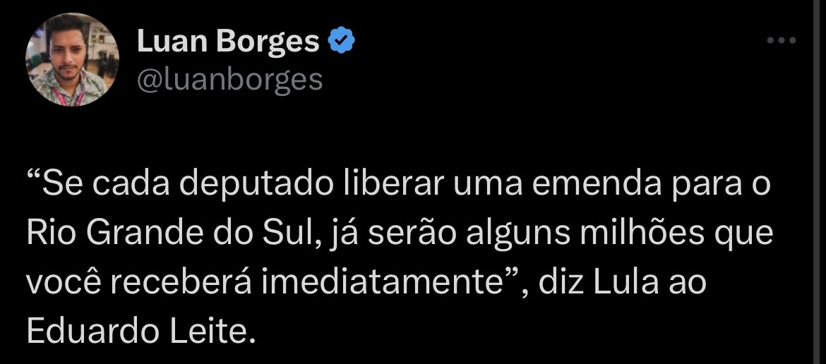 Vocês acham que os deputados bolsonaristas vão:

A) Destinar emendas para o RS, pensando no melhor para a população; OU

B) Para não dar crédito ao Lula, não vão destinar emenda para o RS

Via @luanborges