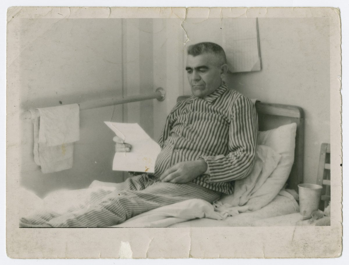 “My father survived Mauthausen,” said Holocaust survivor Sam Ron. “He was in an American military hospital eight months after the war.' Sam's father, Jozef, was liberated from Mauthausen concentration camp #OTD in 1945. He is pictured here in the hospital where he recovered.