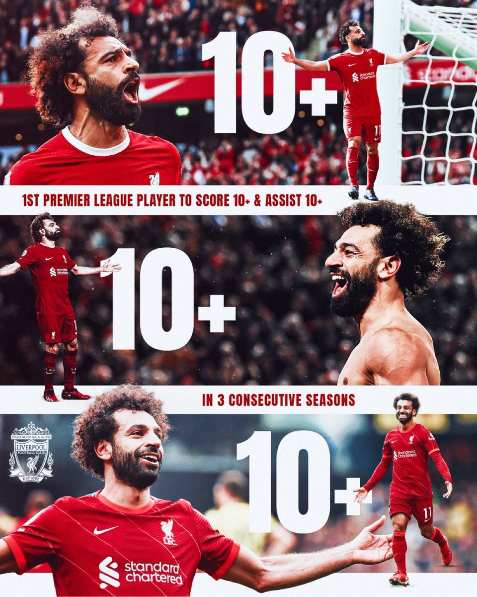 𝐌𝐨𝐡𝐚𝐦𝐞𝐝 𝐒𝐚𝐥𝐚𝐡 est devenu le premier joueur à inscrire 🔟 buts et délivrer 🔟 passes décisives en Premier League lors de 3️⃣ saisons consécutives ! 🇪🇬👑 [@LFC] #LFC #LIVTOT