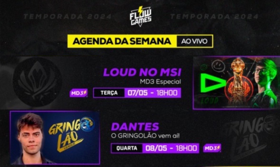 Agenda da semana no ar! Na terça 18hrs eu NÃO VOU CORINGAR (por favor Deus) e vamos falar do MSI 2024 e da campanha da LOUD Na quarta feira 18hrs teremos a presença do gringo do momento @doaenel pra falar do GRINGOLÃO!!