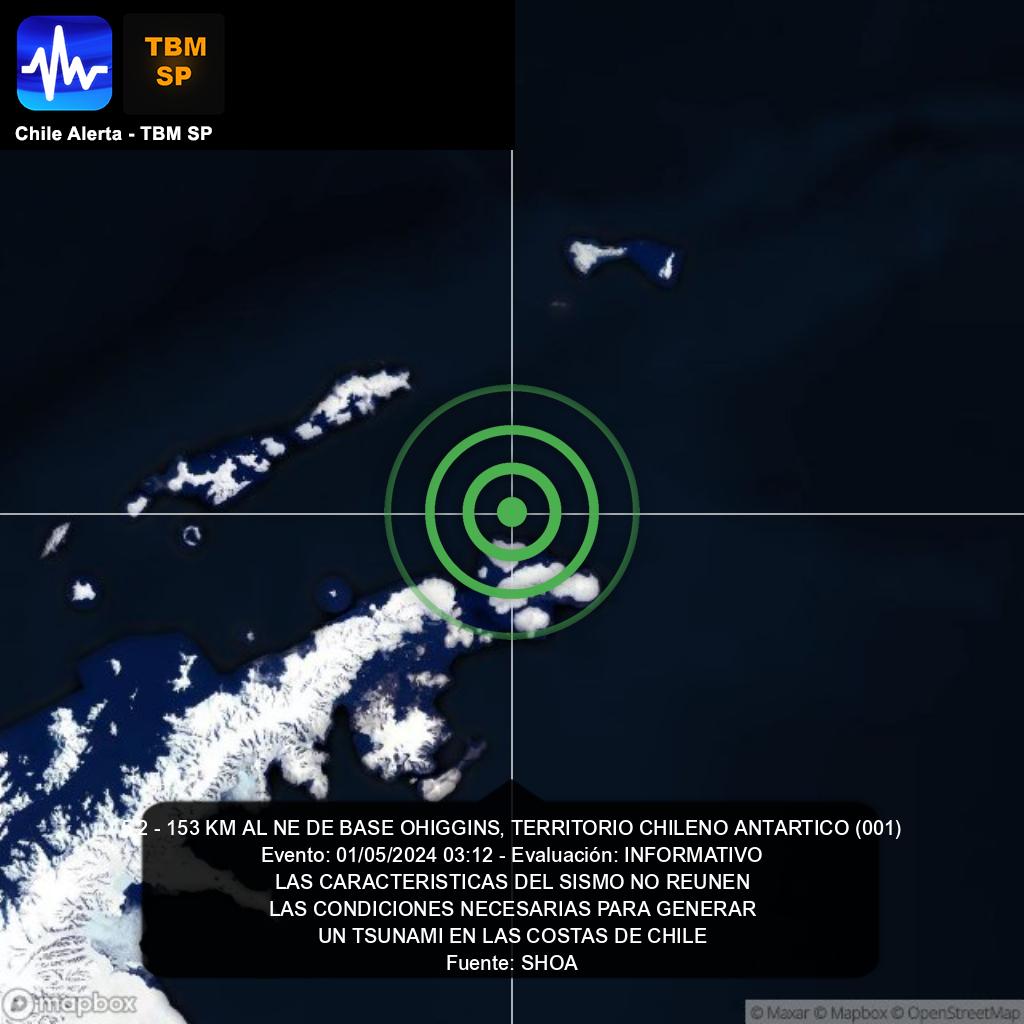 Boletín 001 de Tsunami. 🌎
5.2 - 153 KM AL NE DE BASE OHIGGINS, TERRITORIO CHILENO ANTARTICO.
INFORMATIVO - 01/05/2024 03:12.
goo.gl/XWHGvS #tsunami