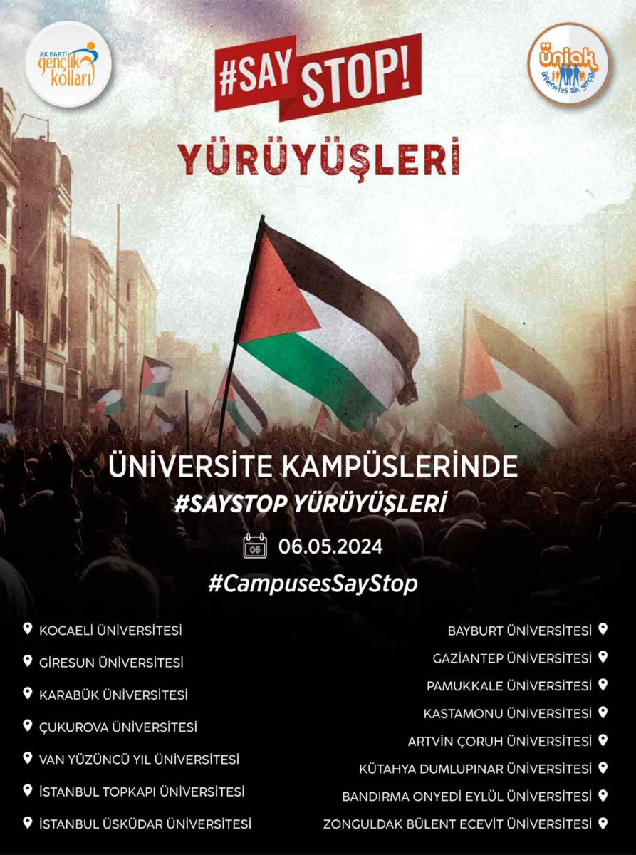 “Yeryüzü eli kanlı katillerin hesap verdiği günleri görecek. Üniversiteli AK Gençlik destek yürüyüşlerine devam ediyor Yarın gerçekleşecek kampüslerimiz”/ @eyupkadirinan #CampusesSayStop @UniakGM #FreePalestine #GazaGenocide Direnişte 212 gün Ebu Ubeyde Ülkü Ocakları Ateş