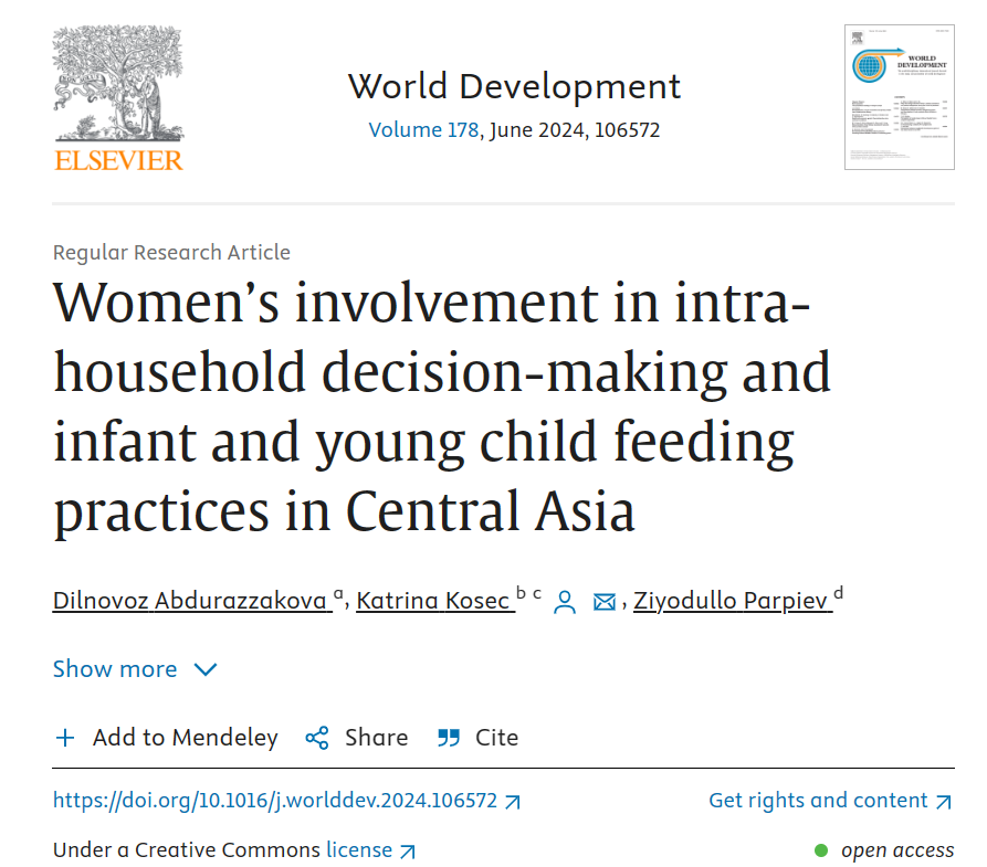 IFPRI (@ifpri) on Twitter photo What is the relationship between women’s empowerment and infant and young child feeding practices in #CentralAsia?
Learn more in this recent study by Dilnovoz Abdurazzakova, Katrina Kosec, and Ziyodullo Parpiev: doi.org/10.1016/j.worl…
<a href="/CGIAR/">CGIAR</a> <a href="/ADilnovoz/">Dilnovoz Abdurazzakova</a> <a href="/kkosec/">Katrina Kosec</a> #FCM_Initiative What is the relationship between women’s empowerment and infant and young child feeding practices in #CentralAsia?
Learn more in this recent study by Dilnovoz Abdurazzakova, Katrina Kosec, and Ziyodullo Parpiev: doi.org/10.1016/j.worl…
<a href="/CGIAR/">CGIAR</a> <a href="/ADilnovoz/">Dilnovoz Abdurazzakova</a> <a href="/kkosec/">Katrina Kosec</a> #FCM_Initiative