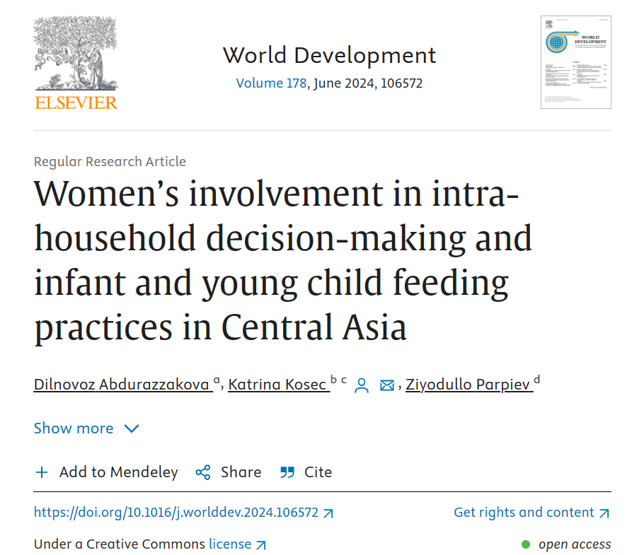 What is the relationship between women’s empowerment and infant and young child feeding practices in #CentralAsia? Learn more in this recent study by Dilnovoz Abdurazzakova, Katrina Kosec, and Ziyodullo Parpiev: doi.org/10.1016/j.worl… @CGIAR @ADilnovoz @kkosec #FCM_Initiative