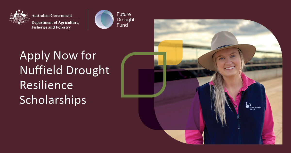 Get ahead and prepare yourself, your business, your industry for drying conditions: apply for a @nuffieldaust #droughtresilience #scholarship, supported by @DAFFgov’s #FutureDroughtFund. Applications close 31 May. Learn more, apply now: vicdroughthub.org.au/news-events/ne… #VicHub #AusAg