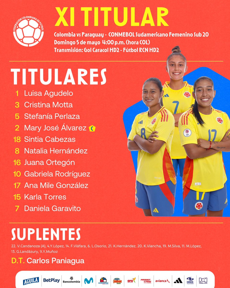 🚨 𝙏𝙄𝙏𝙐𝙇𝘼𝙍 Así vamos para enfrentar a 🇵🇾 por la última fecha de la fase final del CONMEBOL Sudamericano Femenino Sub 20. #TodosSomosColombia 🇨🇴 #LaFemeninaNosUne 🇨🇴