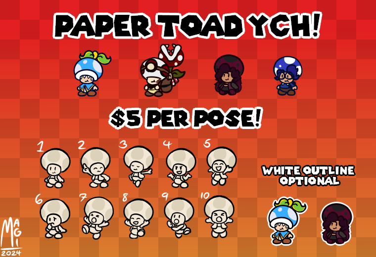 Calling all Toad OCS! With TTYD coming out later this month, i've decided to find a way to celebrate!

For $5USD each, you can have your Toad drawn in the Paper Mario style! For those interested, send a dm!