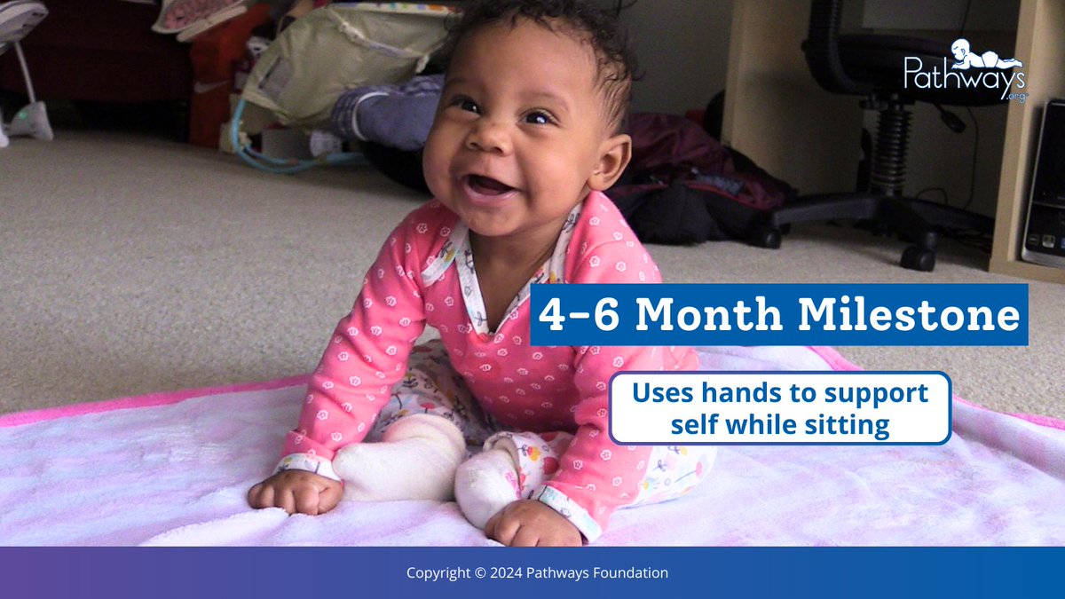 At 4-6 months old, encourage #baby to sit independently by placing them in the sitting position on the floor with their hands in front of their legs. Helps baby push themselves up by using their arms. Track more milestones here: bit.ly/3qPKRbd #physio #pediatrictherapy