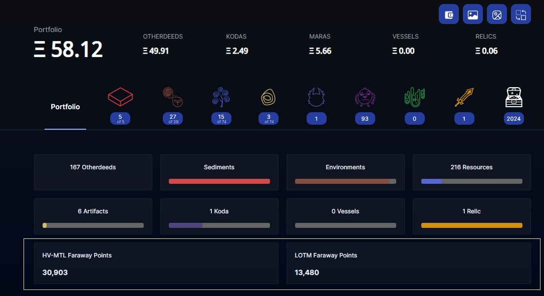 Thanks for the cooperation @farawaygg. We've also updated our wallet inventory tool to display the points balance accross multiple wallets. otherside-wiki.xyz/tool/faraway-p… otherside-wiki.xyz/tool/wallet-in…