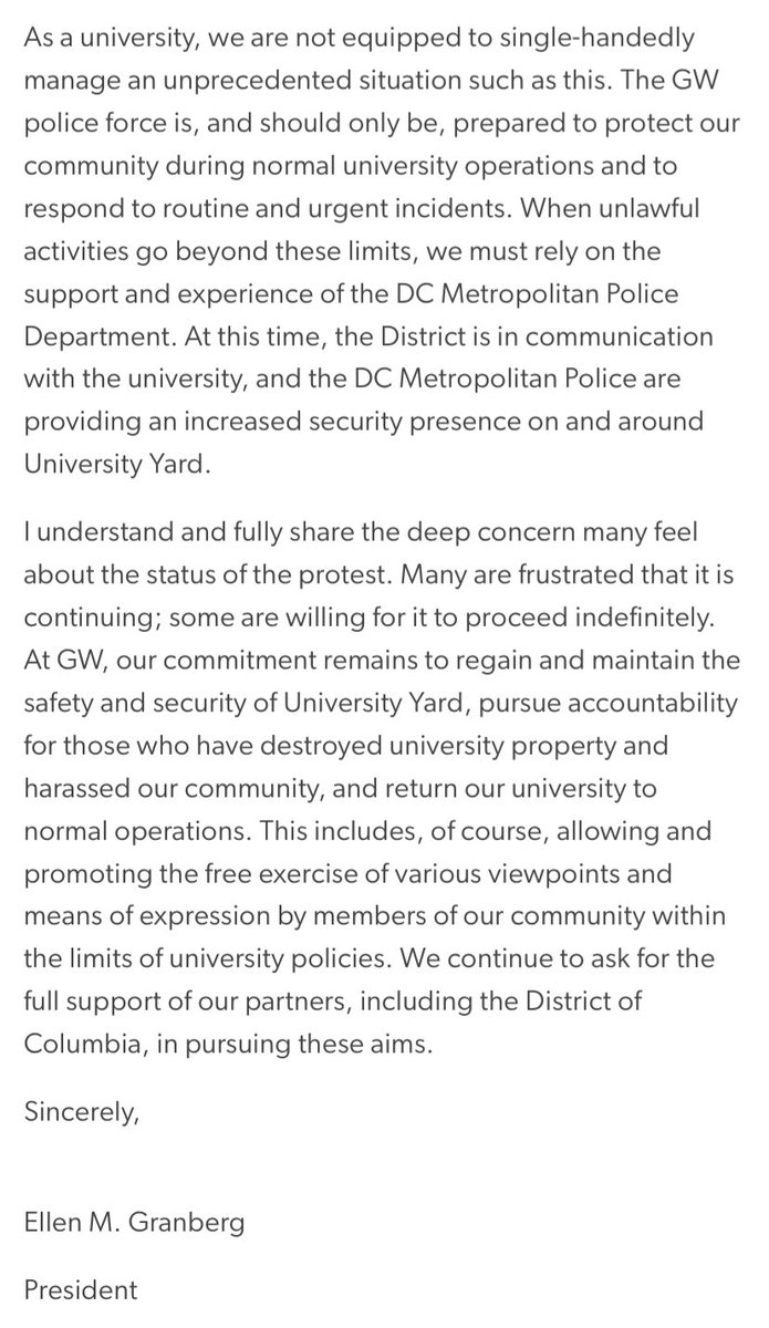 NEW: Statement by George Washington University President Ellen Granberg on the encampment: “What is currently happening at GW is not a peaceful protest protected by the First Amendment or our university’s policies. The demonstration, like many around the country, has grown into…