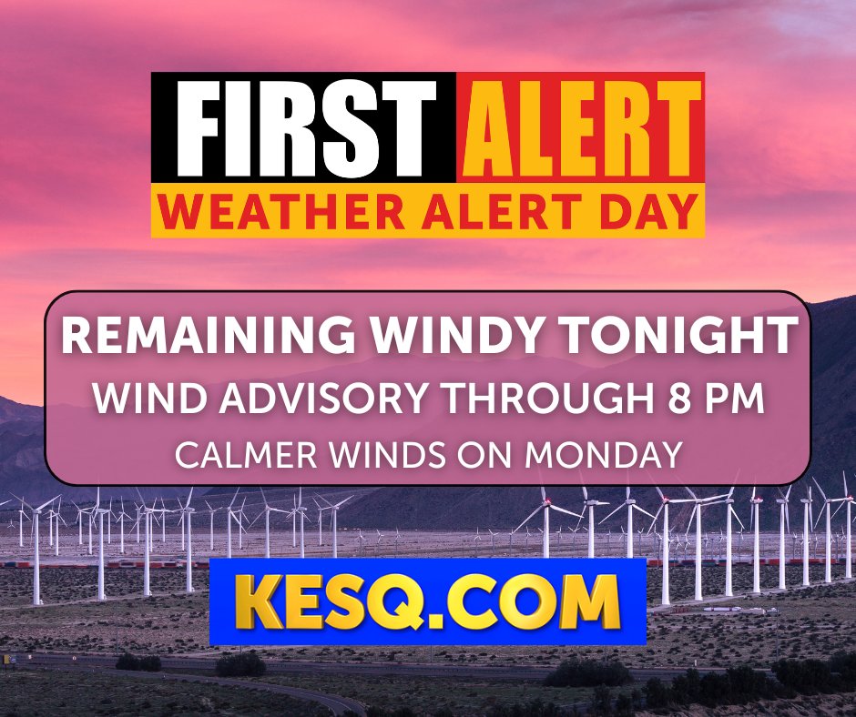 We remain under a First Alert Weather Alert through this evening as gusty winds continue to impact the Coachella Valley. Warmer temperatures and calmer winds are in store for the upcoming workweek. Learn more here: bit.ly/4a59TDq