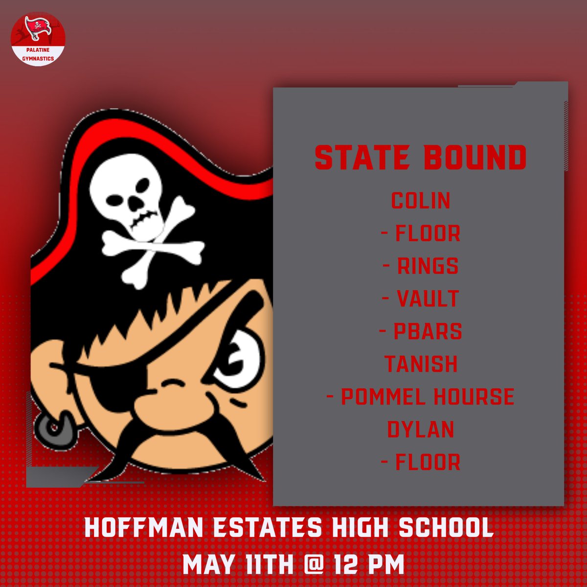 Palatine HS Gymnastics (@gymnastics_phs) on Twitter photo For the 24th year in a row we are going back to State! State Meet this Saturday @ 12pm - Hoffman Estates High School!
GO PIRATES! WE AREN'T DONE YET!
<a href="/PiratesofPHS/">Palatine High School</a>
<a href="/PalAthletics/">Palatine Athletics</a>
<a href="/PHSPirateBoost/">PalatineHSBoosters</a>
<a href="/phscutlass/">PHS Cutlass</a>
<a href="/IHSGCA1961/">IHSGCA</a>
#phsgymnastics #gymnastics For the 24th year in a row we are going back to State! State Meet this Saturday @ 12pm - Hoffman Estates High School!
GO PIRATES! WE AREN'T DONE YET!
<a href="/PiratesofPHS/">Palatine High School</a>
<a href="/PalAthletics/">Palatine Athletics</a>
<a href="/PHSPirateBoost/">PalatineHSBoosters</a>
<a href="/phscutlass/">PHS Cutlass</a>
<a href="/IHSGCA1961/">IHSGCA</a>
#phsgymnastics #gymnastics