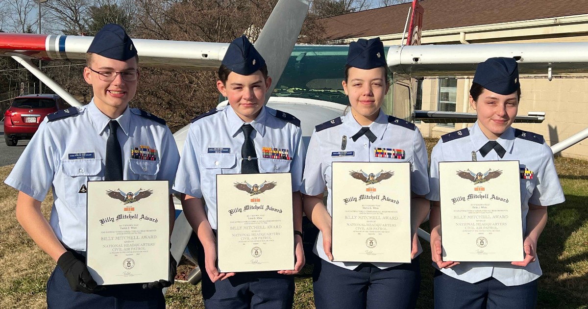 #CivilAirPatrol cadets Marlee (19), Tucker (18), Dylin (16), and Talon White (13) have excelled in the #CAPCadet program. Joining together in May 2022, they’ve navigated the promotion process as a team and encouraged each other along the way. Read more: bit.ly/3VUCw2L
