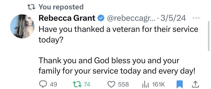 This post “Have you thanked a Veteran for their service?” Has gotten over 150,000 impressions. Thank you for your support to our veterans and God Bless them and their families.