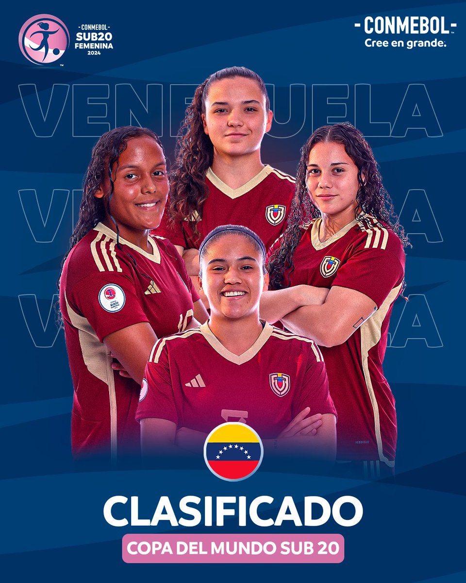 ¡Venezuela es Mundial! 🇻🇪🌎

En la jornada de cierre de la Fase Final de la CONMEBOL #Sub20Fem, @FemeninoFVF se quedó con el último boleto disponible para la Copa Mundial Femenina Sub-20 de la FIFA™️. 🏆🎟️

#CreeEnGrande