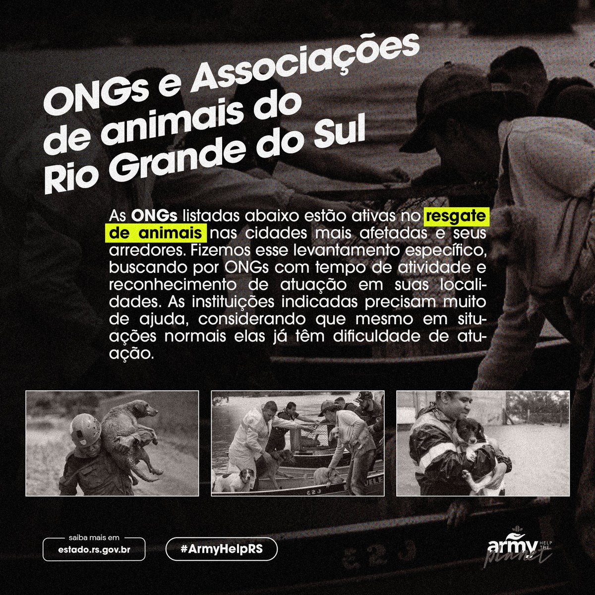 🚨 #ArmyHelpRS 🚨 

Armys, ATENÇÃO!

Listamos aqui ONGs e Associações do Rio Grande do Sul que estão resgatando e cuidando dos animais nas áreas mais afetadas 👇