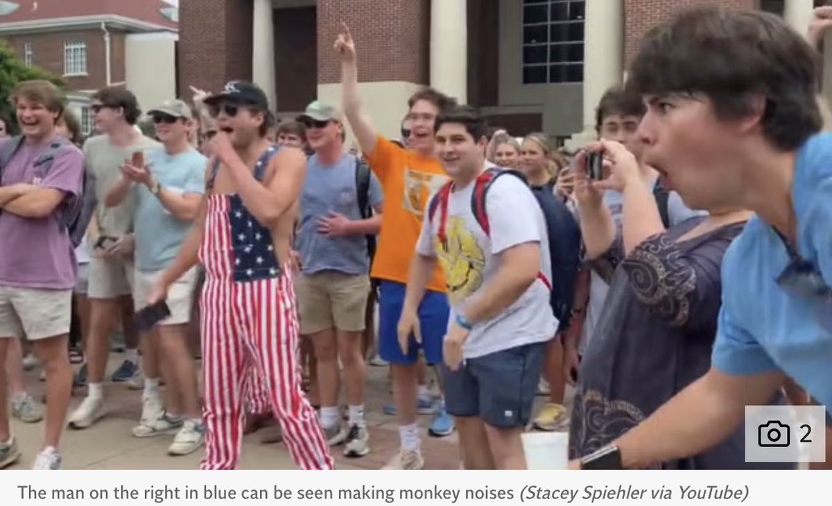 Profile of the New South? #OleMiss student at right makes monkey sounds at a peaceful protest by a black female student No need for #OleMiss to call in fascist police at #Gaza #protest Just open the classrooms & let the good ole boys out.