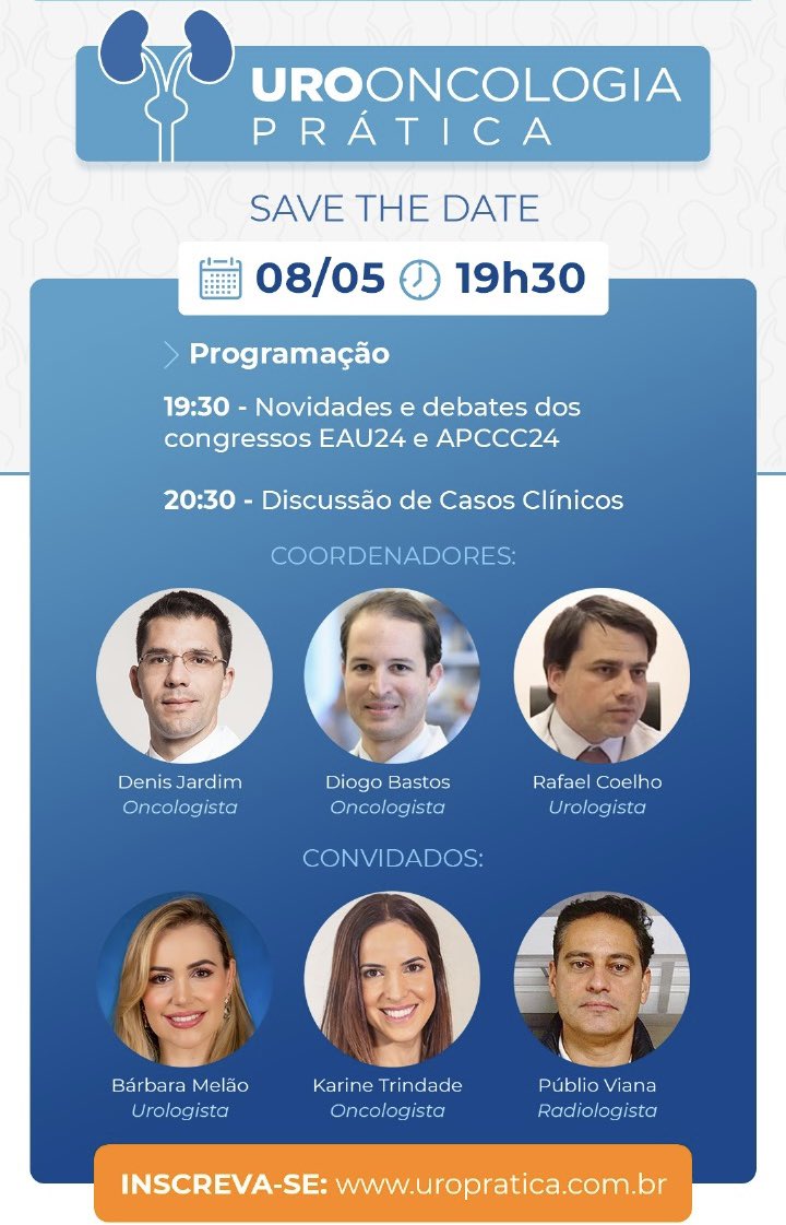 For our next encounter we will review the most important data and discussions from #EAU24 and #APCCC24
👉05/08/24 ⏰7:30 pm (GMT-3)
Register online and free at uropratica.com
<a href="/RafaelFCoelho2/">Rafael Coelho</a> <a href="/DiogoAssed/">Diogo Assed Bastos</a>