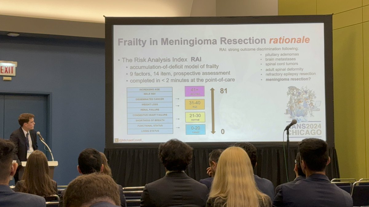 Thank you @AANSNeuro for the opportunity to share our work! Frailty-based risk stratification may aid in the surgical decision making process for meningiomas, which are often incidental findings in older patients. Grateful for the incredible mentorship of @bowersbrainsurg.