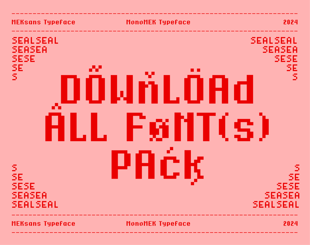 ✶ THE FONTS ARE LIVE! ✶ Download all of the latest version of my fonts— and also some type specimen as a reference on how you could use them.

MEKsans Reguler (Final Version) / MEKsans Italic (Alpha Version) / MonoMEK (v1.2) / MEKdings (v1.2)

Link to the website ↓