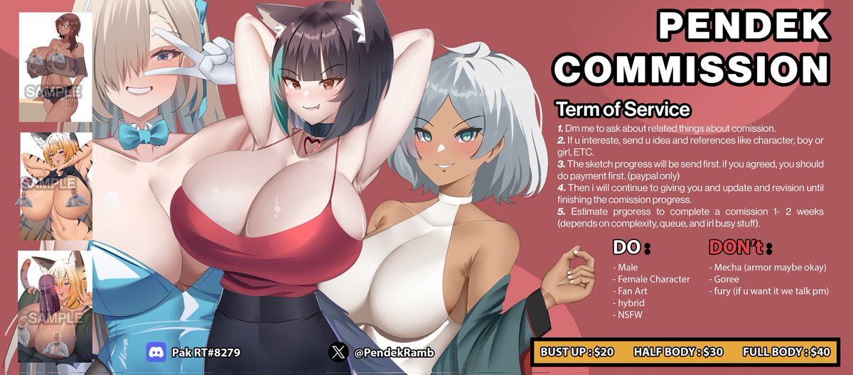 Heyyoooo~ i open commission for this month ...for sample and rules  i put it below and happy nice day UwU)b

if you want to see more and details about this commission. pendekinrambut.carrd.co 

#commissionopen  #CommissionSheet #commissionsopen #commissionart #ArtistOnTwitter