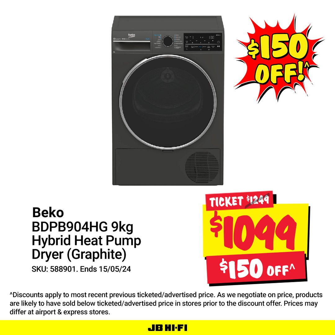Don't be caught out with wet clothes this winter! 💦 Dry 5kg laundry in one hour with the Beko 9kg hybrid heat pump dryer. ♨️ Now $150 off^ at JB! 🔥 🛒 Shop now: brnw.ch/21wJuuS Offer ends 15/05/24
