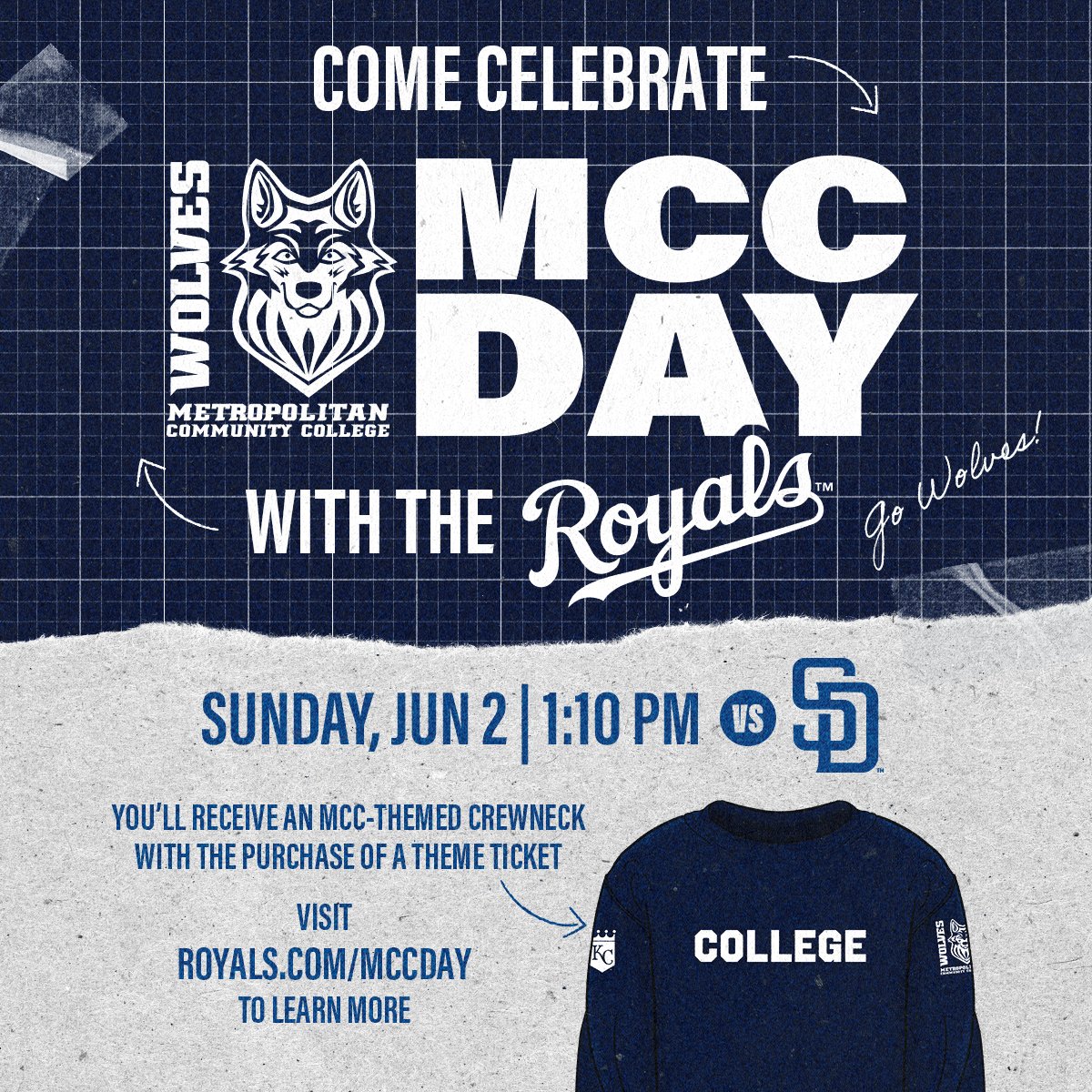 ⚾💙 Celebrate Your MCC Pride! ⚾💙 Each promotional ticket purchased includes an MCC/KC @Royals crewneck. Bonus! A percentage of the dollars from each MCC Day promotional ticket sold supports student scholarships through the MCC Foundation. Visit: royals.com/MCCDAY