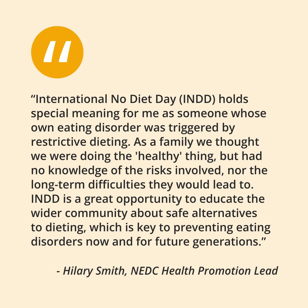 NEDC (@nedc_australia) on Twitter photo Today is International No Diet Day, an annual campaign that focuses on the rejection of diet culture. 
Hilary Smith, NEDC's Health Promotion Lead, shares the meaning of this day and the opportunity it brings to educate the community. Today is International No Diet Day, an annual campaign that focuses on the rejection of diet culture. 
Hilary Smith, NEDC's Health Promotion Lead, shares the meaning of this day and the opportunity it brings to educate the community.