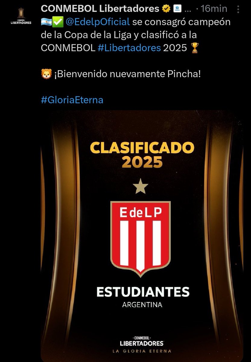 #EDLP Estudiantes es el primer equipo Argentino clasificado a la @Libertadores por ganar la #CopaDeLaLiga #CopaLibertadores