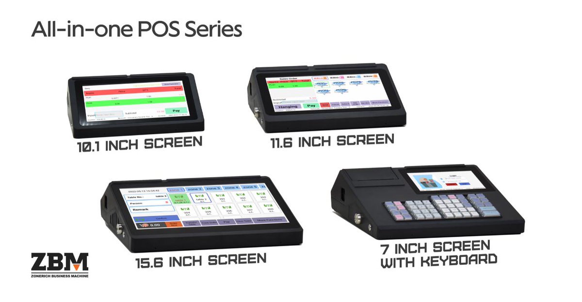 Zonerich all-in-one POS terminals are available with touch screens in 7”, 10.1”, 11.6” and 15.6”, thermal printer, 2D scanner, NFC, LCD customer display and Dallas key, etc. Especially designed for small counter. #allinone #pointofsales