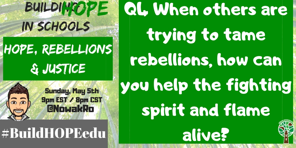 A4 Do not get discouraged. Do not lose HOPE. When others say it isn't important, or worth it, find the likeminded people; build community and keep the fight alive. Compassion, empathy, and equity need us to be vigilent, to be strong and to stand together. #BuildHOPEedu