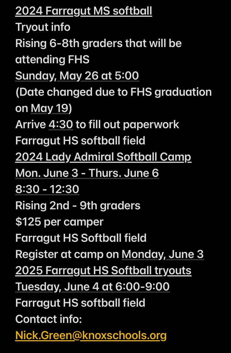 Upcoming Farragut Softball events. - FMS SB tryout date changed to Sunday, May 26 due to FHS graduation on May 19.