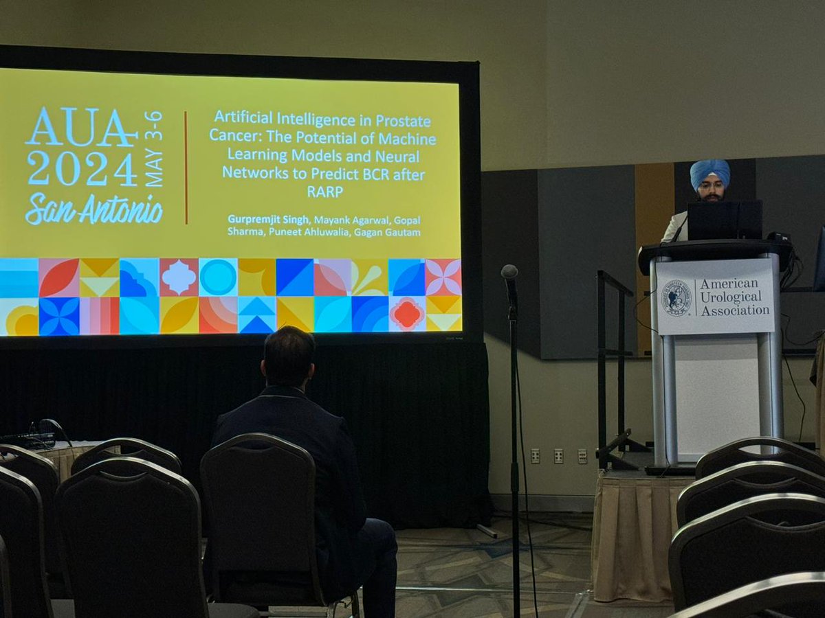 Honoured to present in American Urological Association conference. Presented my paper on artificial intelligence in prostate cancer using machine learning and deep learning. Thanks to Puneet sir and Gagan sir for the opportunity to work on this research. #AUA24 #AUA2024