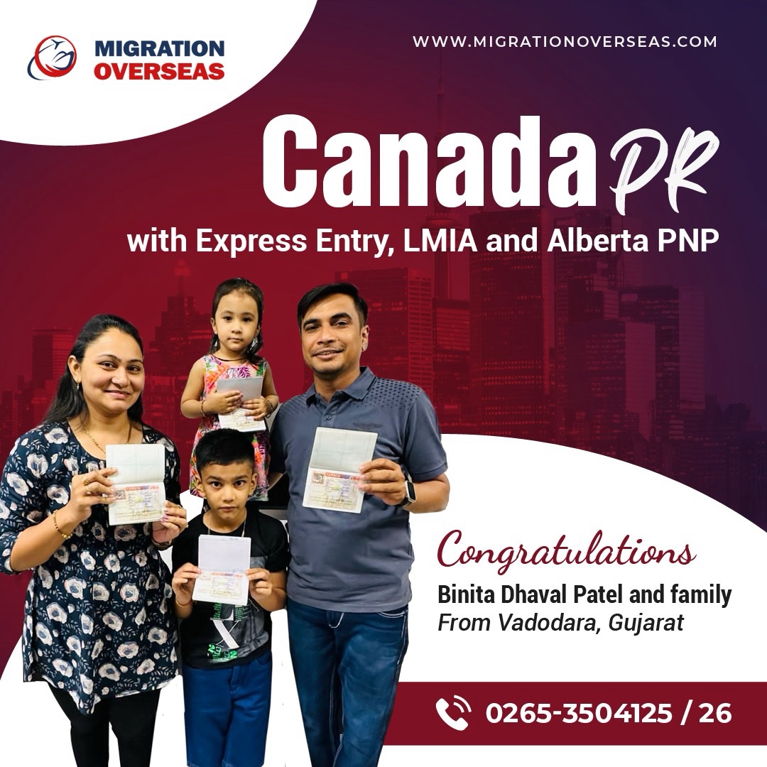 Congrats Mrs. Binita Dhavalkumar Patel and family from #Vadodara for getting #Canada 🇨🇦 #PR under #Alberta #PNP #ExpressEntry Stream with the help of #JobOffer in less than 12 months. Call 0265-3504125 for appointment. #MigrationOverseas #LatePost #2023Case