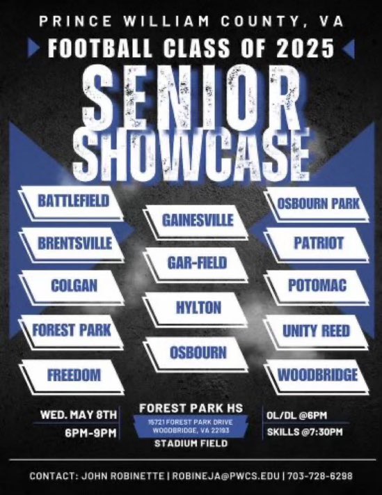 Excited to throw at the PWC Senior Showcase this Wednesday! @PatriotHS_FB @FinnertySean @PWCsportsVA @VAQB8 @PrepRedzoneVA