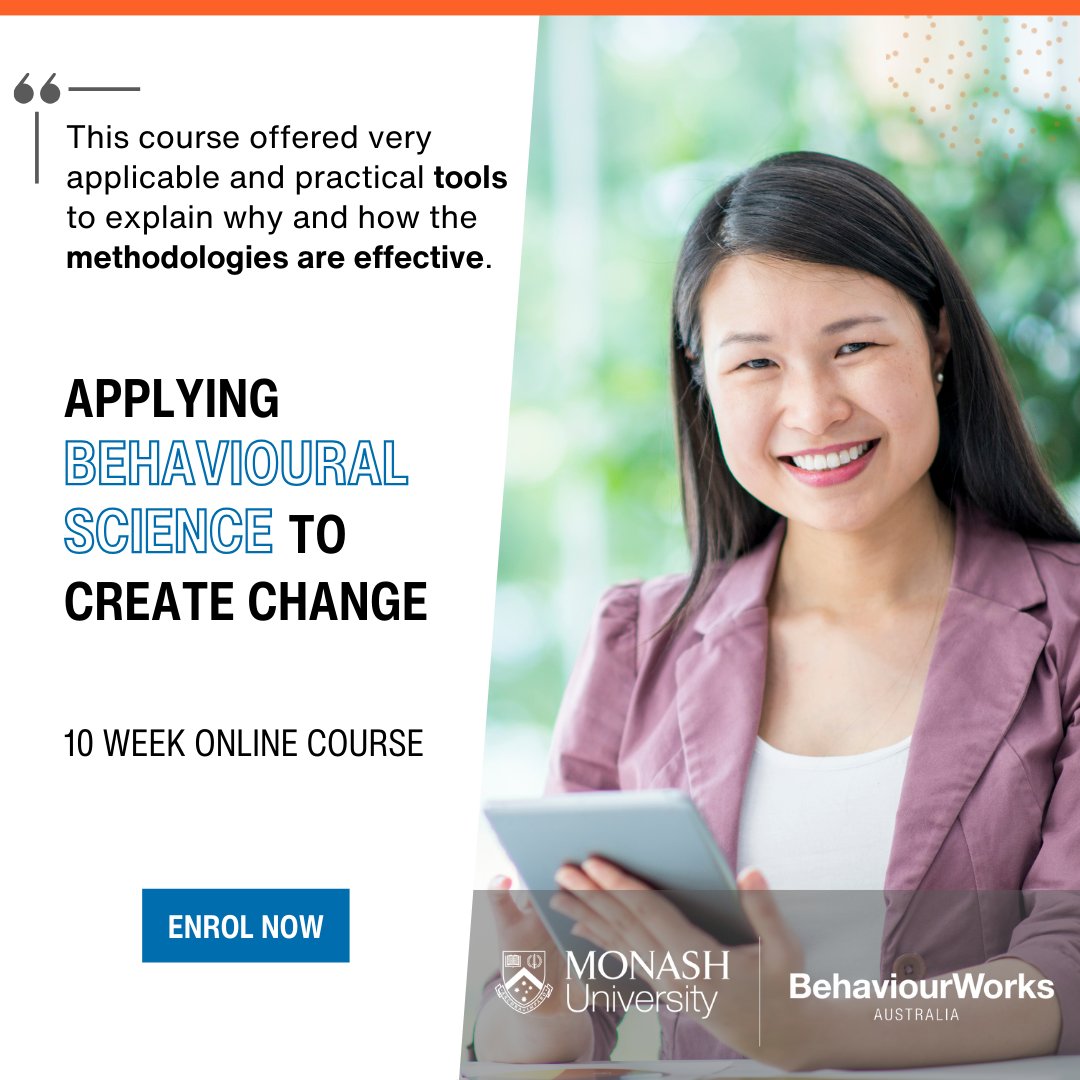 We have helped hundreds of professionals create positive change in areas of environmental sustainability, public health, social wellbeing, organisational change, and more. Enrol today: behaviourworksaustralia.org/courses/applyi… Early Bird prices end 13 July. Registrations close 2 August.