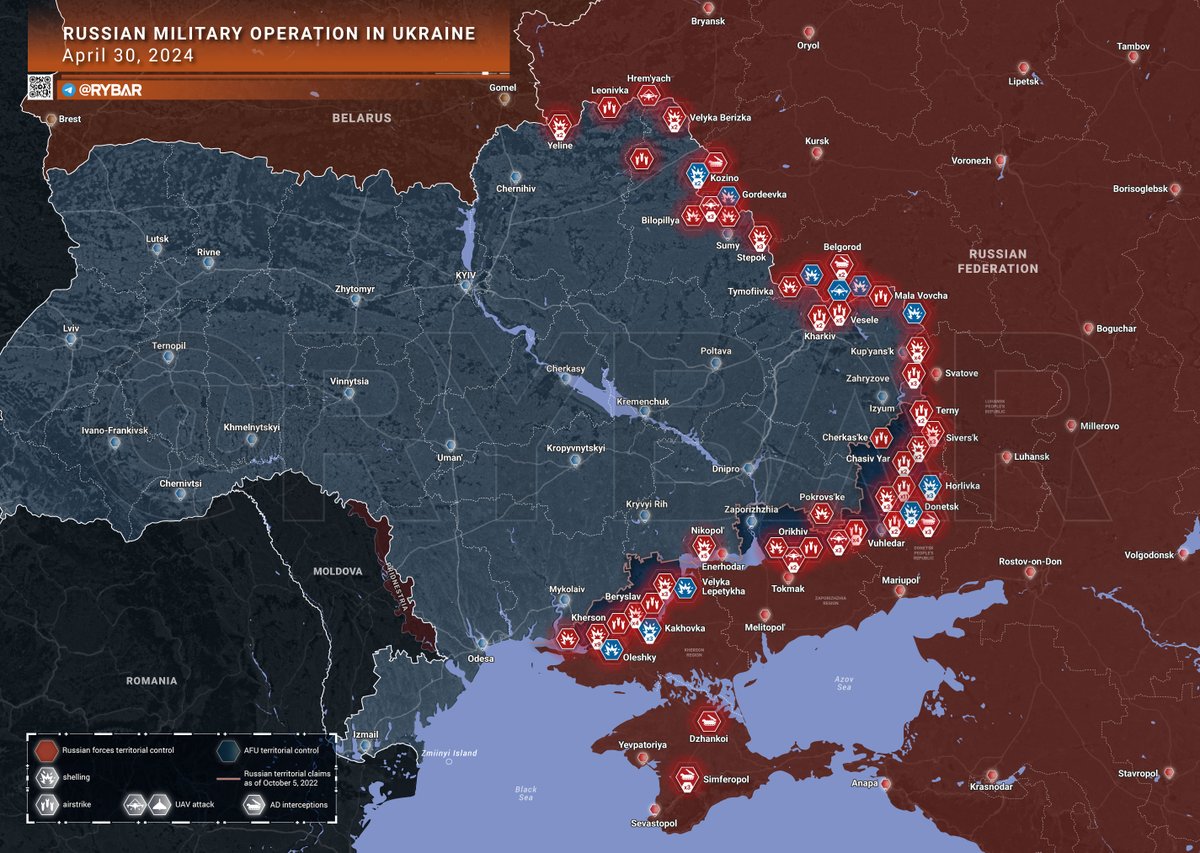 🇷🇺⚔️🇺🇦 
Resultados de la operación especial en Ucrania al finalizar el 30 de abril:

⚔️ La situación en los frentes:

◽️En la dirección de Artyómovsk (Bajmut):
Continúan las batallas en los accesos a Chasov Yar y en los flancos norte y sur. Al sur del microdistrito Canal, las…