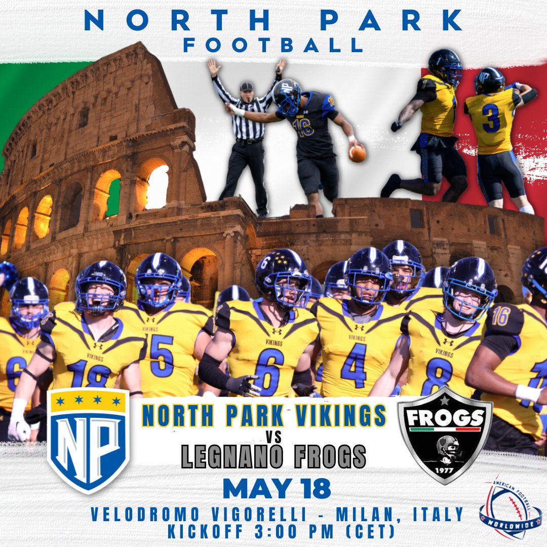 North Park Football (@npufootball) on Twitter photo In one week, members of the North Park Football family will depart for Italy!
We will have stops in Rome, Tuscany, Florence and more, capped off with a game in Milan against the Legnano Frogs of the Italian Football League!
#TheRightWay #Compete
@NPU <a href="/VikingsNPU/">North Park Vikings</a> <a href="/CoachRook/">Kyle Rooker</a> In one week, members of the North Park Football family will depart for Italy!
We will have stops in Rome, Tuscany, Florence and more, capped off with a game in Milan against the Legnano Frogs of the Italian Football League!
#TheRightWay #Compete
@NPU <a href="/VikingsNPU/">North Park Vikings</a> <a href="/CoachRook/">Kyle Rooker</a>