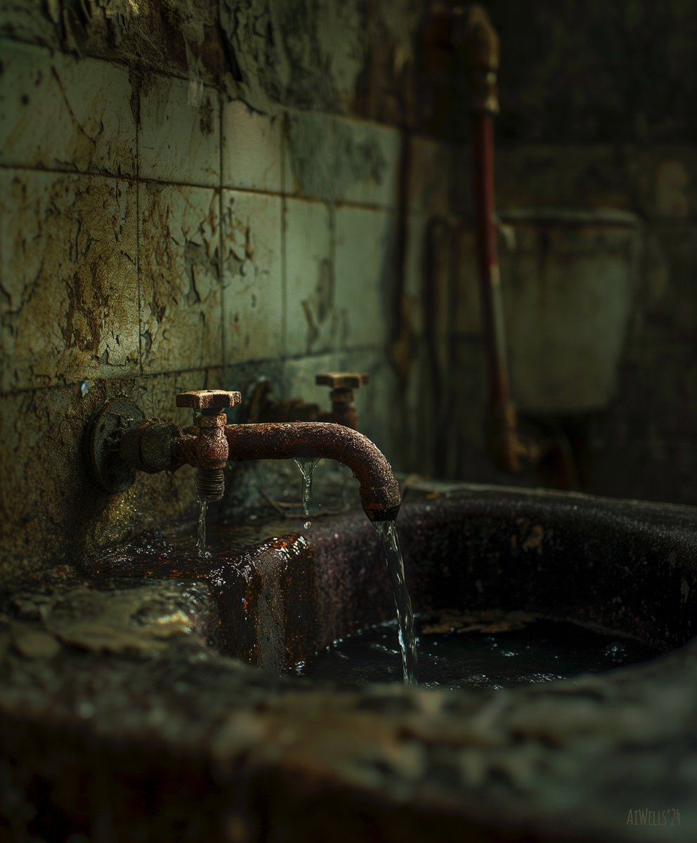 The Leaky Faucet of My Doom 

 #ForgottenPlaces #RusticCharm #TimelessBeauty #WaterTales #EchoesOfThePast #AdobeFirefly #Dalle3 #MidJourneyV6 #AiArt #AiPhotography