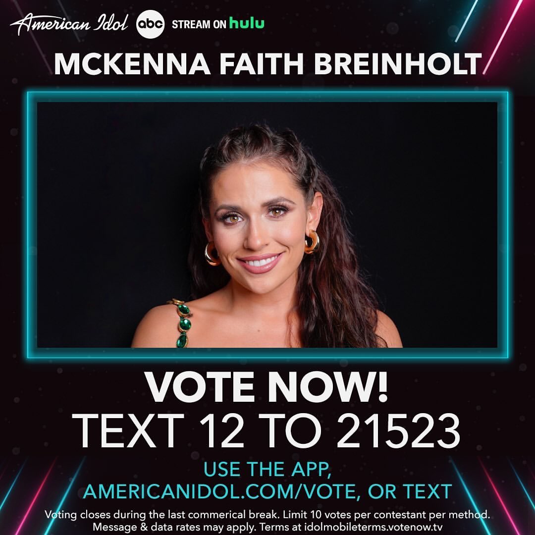 If you think Mckenna Faith Brieinholt great and you want her in your #AmericanIdol #TOP5 then VOTE NOW. Don’t forget the #AmericanIdol season finale is in two weeks. Don’t forget voting close during the last commercial break.

#AmericanIdol #ABCNetwork #Disney…