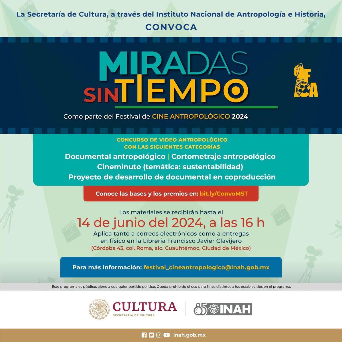 Como parte del Festival de Cine Antropológico 2024, conoce la convocatoria del cuarto Concurso de video 'MIRADAS SIN TIEMPO'. 🗓️ Los materiales se recibirán hasta las 16 horas del 14 de junio del 2024. Consulta las bases completas y los premios en: bit.ly/ConvoMST