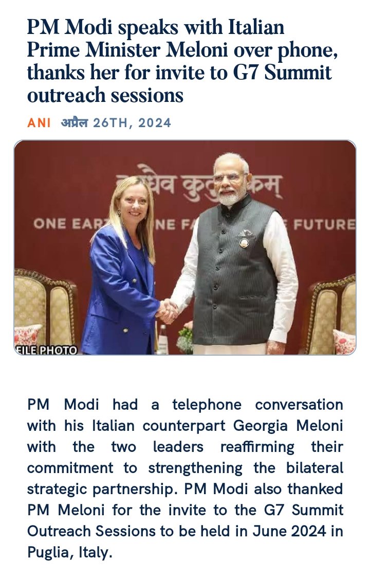 PM Modi speaks with Italian Prime Minister Meloni over phone, thanks her for invite to G7 Summit outreach sessions
aninews.in/news/world/asi… via NaMo App