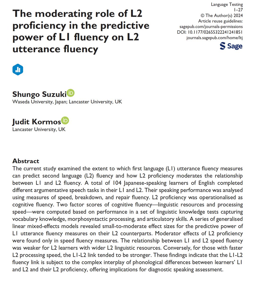 Now available in Online First, @shungosuzuki and @juditkormos examine L1 Japanese fluency measures as predictors of the corresponding L2 English measures in an argumentative task and explore the extent of cognitive fluency scores as a moderating factor. journals.sagepub.com/doi/full/10.11…