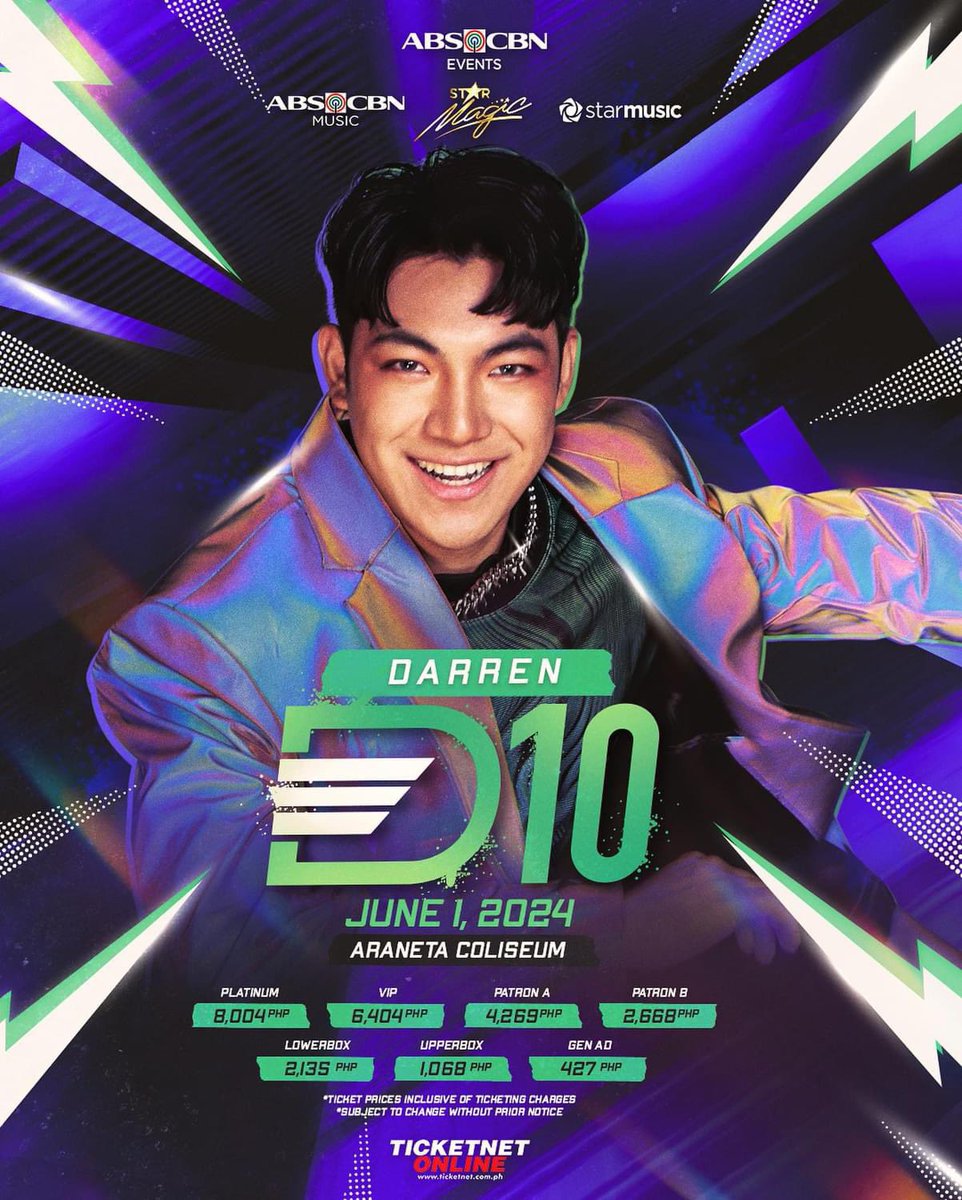 Catch “D10” @darrenespanto’s 10th Anniversary Concert! June 1, 2024 at the Araneta Coliseum. Get your tickets now at Ticketnet! With Very special Guests! ✨💚