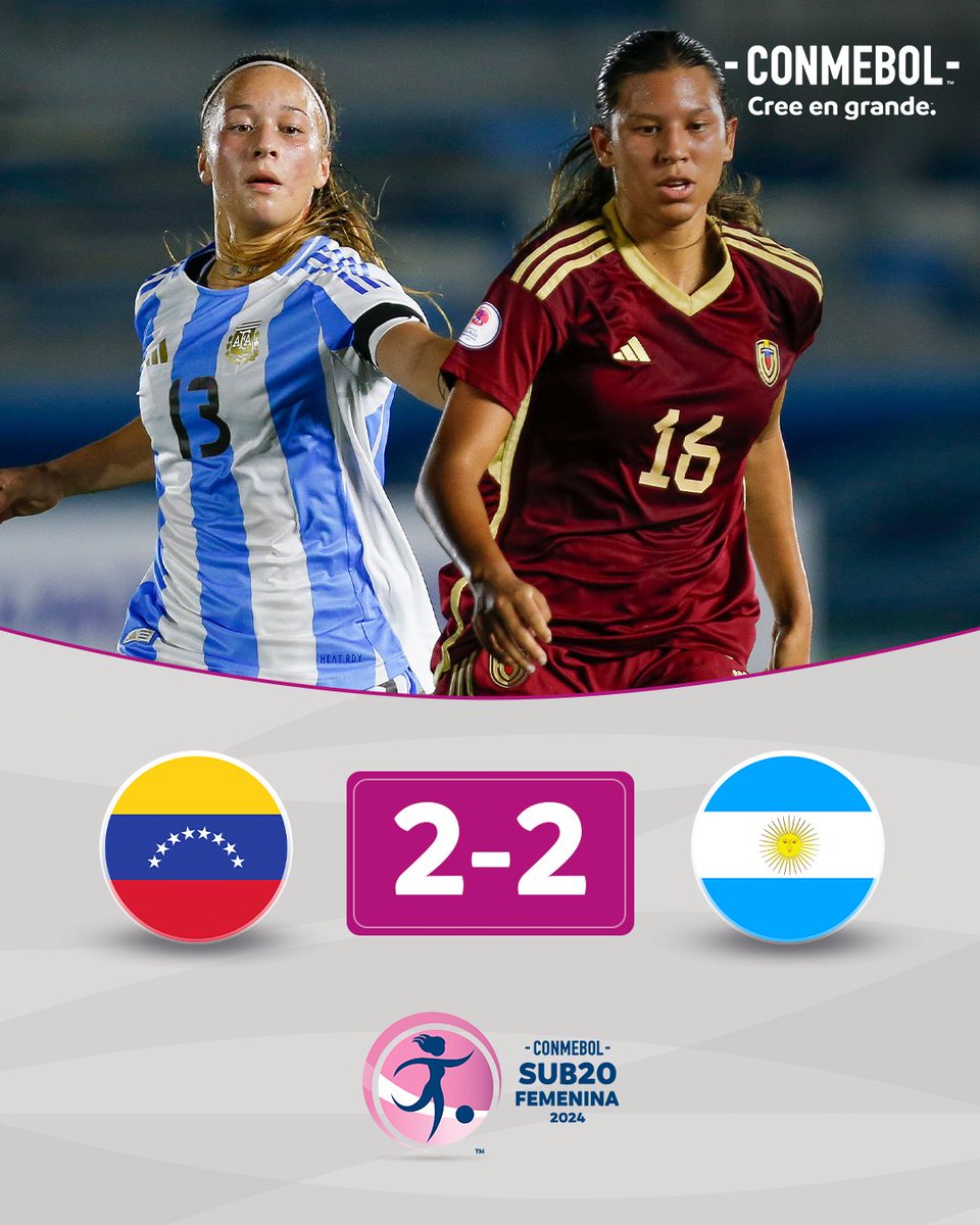 ¡Un punto por lado! 🤩🏆

@FemeninoFVF y @Argentina empataron 2-2 en la jornada de cierre de la Fase Final en la CONMEBOL #Sub20Fem. 🇻🇪⚽🇦🇷

#CreeEnGrande