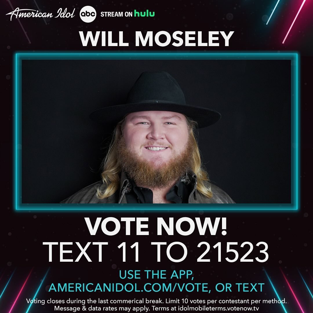 If you think Will Moseley was great and you want him in your #AmericanIdol #TOP5 then VOTE NOW. Don’t forget the #AmericanIdol season finale is in two weeks. Don’t forget voting close during the last commercial break.

#AmericanIdol #ABCNetwork #Disney #TheNextAmericanIdol #Hulu…