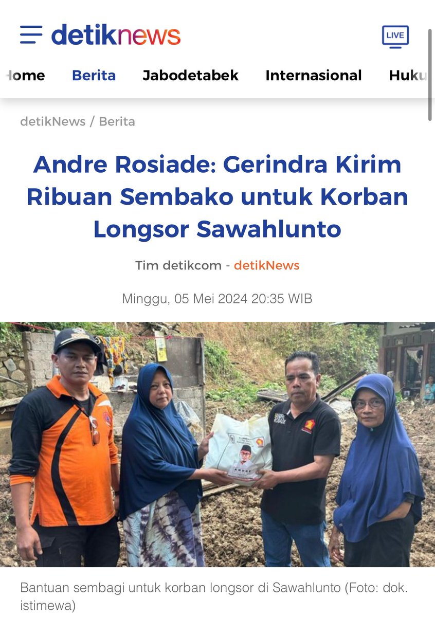 Anggota DPR RI asal Sumatera Barat (Sumbar), Andre Rosiade, menyebut Partai Gerindra menyalurkan bantuan kemanusiaan untuk korban terdampak longsor di Kota Sawahlunto, Sumbar. Bantuan kemanusiaan yang dibagikan yaitu berupa sembako. Terdapat tiga desa di Kecamatan Silungkang…