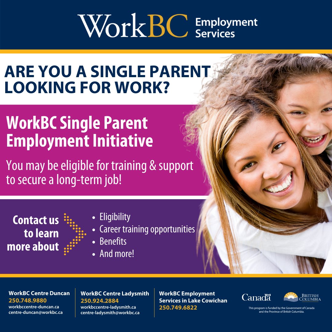 If you're a single parent on Income Assistance juggling a job search with caring for your little loved one, expand your village of support with WorkBC's Single Parent Employment Initiative. Find out more: 250-748-9880. #workbc #cowichanvalley