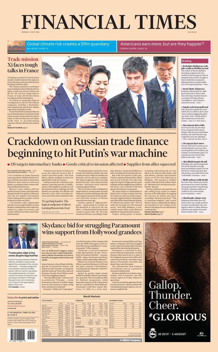 Just published: front page of the Financial Times, international edition, May 6 on.ft.com/3UvAt2U